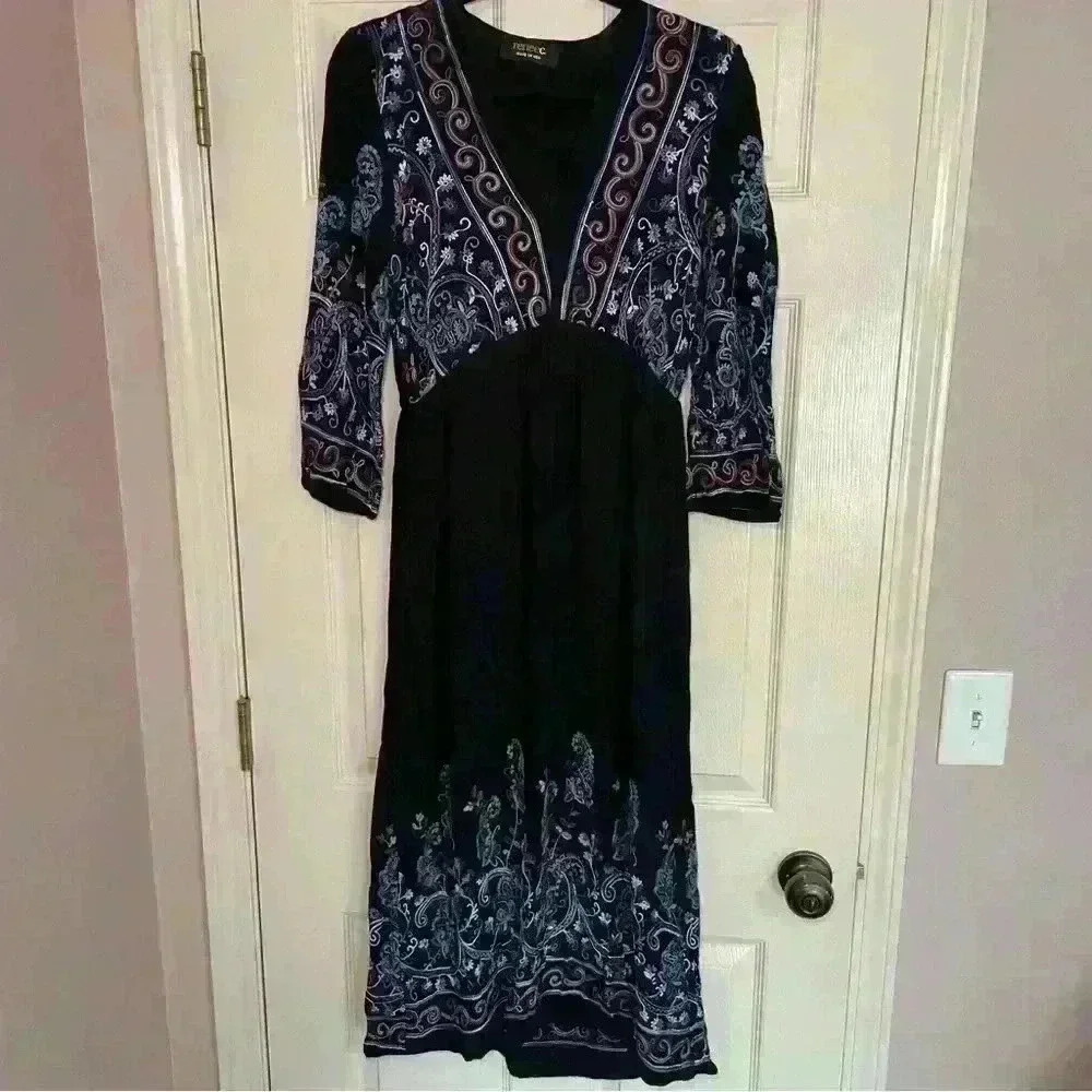 Embroidered ReneeC Black Multicolor Print Boho Maxi Dress Bohemian Peasant Lined - Picture 4 of 9